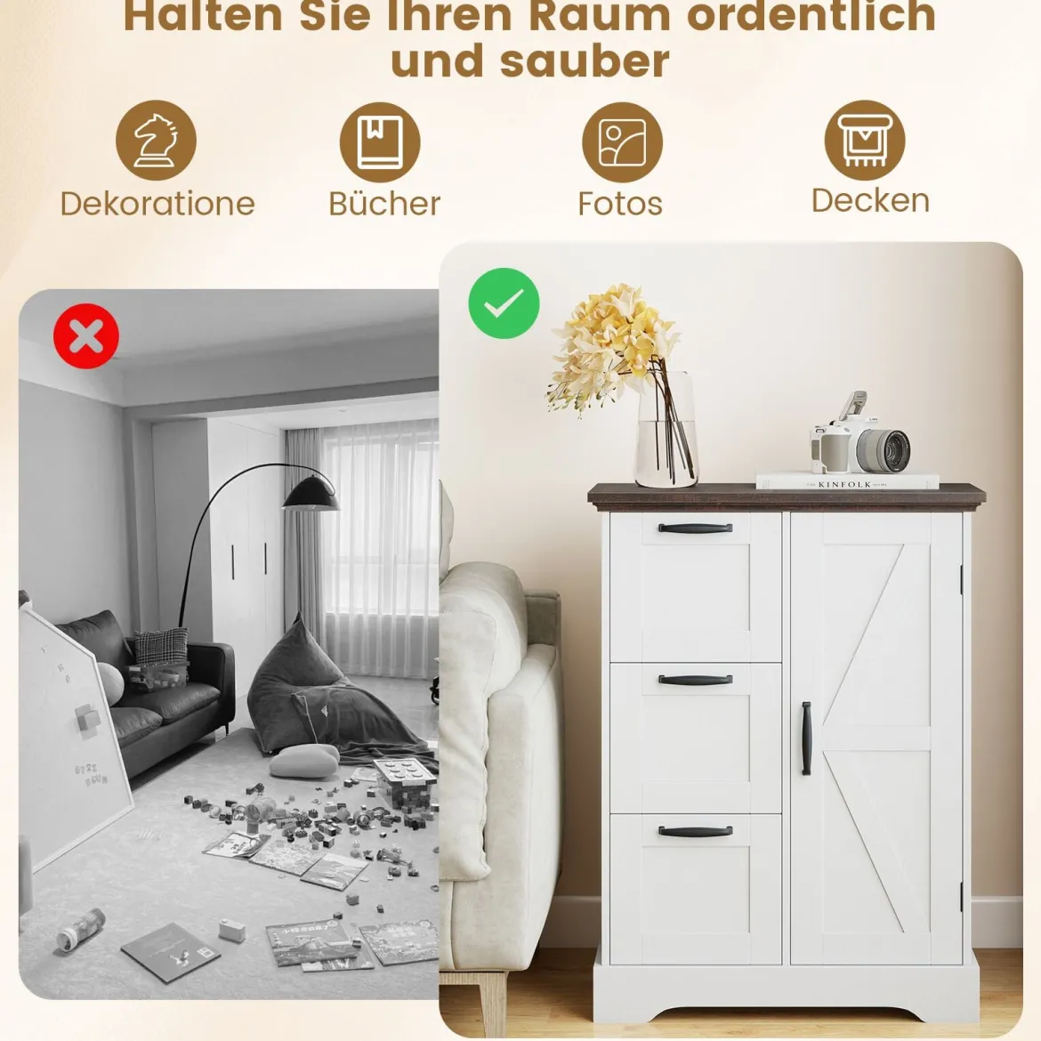 Küchenschrank im Landhausstil mit Türen & 3 Schubladen Buffetschrank Aufbewahrungsschrank Weiß