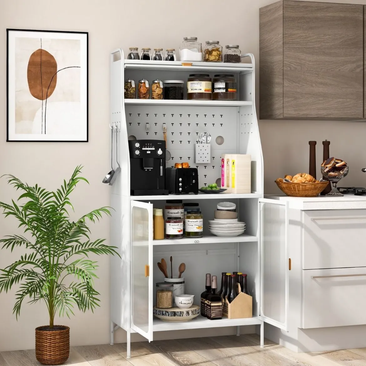 Küchenschrank Küchenbuffet mit Steckbrett & verstellbarem Regal 76 x 36 x 161 cm Weiß