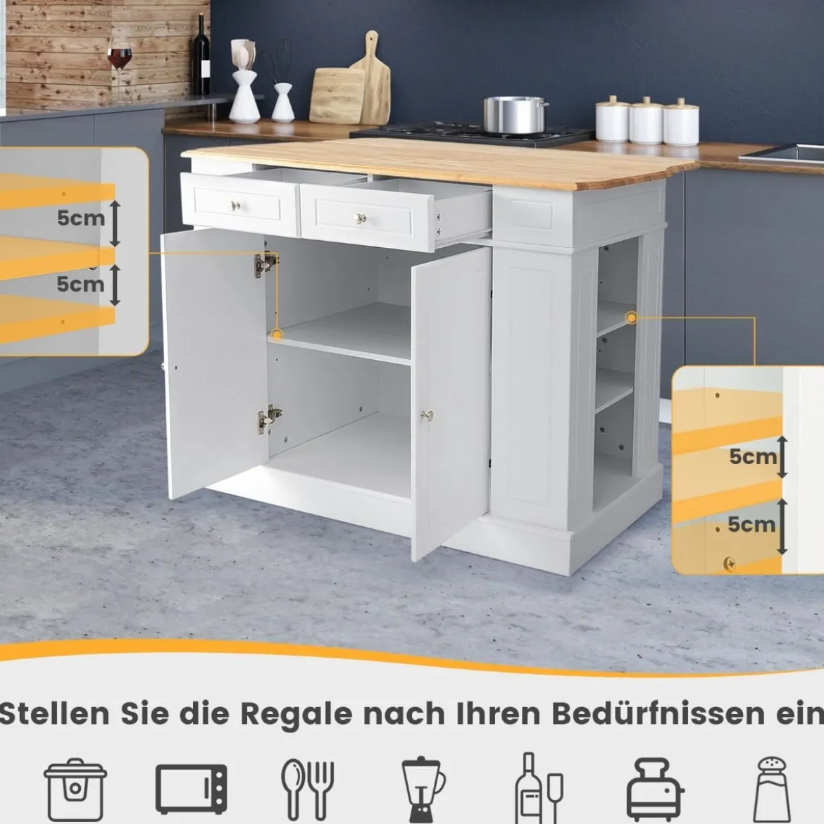 Küchenschrank Kücheninsel mit Nischenwagen 13cm breit 4 Etagen Küchenwagen Weiß