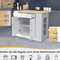 Küchenschrank mit Ausziehbarer Arbeitsplatte aus Gummiholz Kücheninsel mit Stauraum Weiß