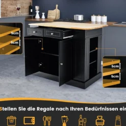 Küchenschrank mit Ausziehbarer Arbeitsplatte aus Gummiholz Kücheninsel mit Stauraum Schwarz