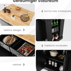 Küchenschrank mit Ausziehbarer Arbeitsplatte aus Gummiholz Kücheninsel mit Stauraum Schwarz