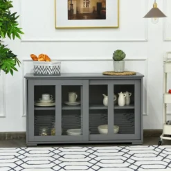 Küchenschrank mit Glasschiebetüren & Verstellbarem Ablage Sideboard Grau