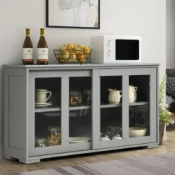 Küchenschrank mit Glasschiebetüren & Verstellbarem Ablage Sideboard Grau