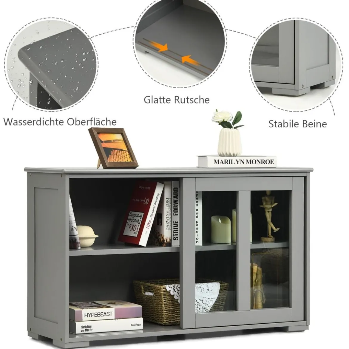 Küchenschrank mit Glasschiebetüren & Verstellbarem Ablage Sideboard Grau
