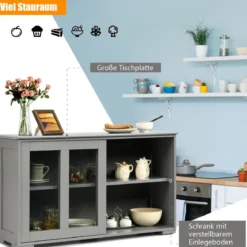Küchenschrank mit Glasschiebetüren & Verstellbarem Ablage Sideboard Grau