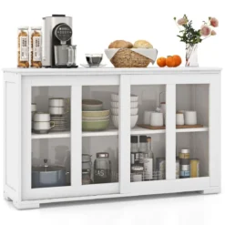 Küchenschrank mit Glasschiebetüren & Verstellbarem Ablage Sideboard Weiß