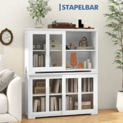 Küchenschrank mit Glasschiebetüren & Verstellbarem Ablage Sideboard Weiß