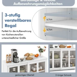 Küchenschrank mit Glasschiebetüren & Verstellbarem Ablage Sideboard Weiß