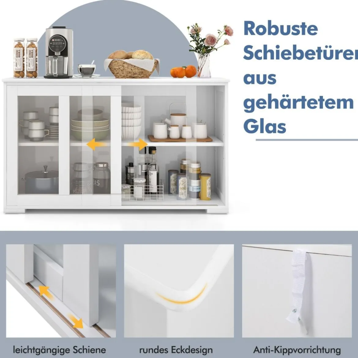 Küchenschrank mit Glasschiebetüren & Verstellbarem Ablage Sideboard Weiß