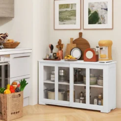 Küchenschrank mit Glasschiebetüren & Verstellbarem Ablage Sideboard Weiß