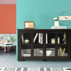Küchenschrank mit Glasschiebetüren & Verstellbarem Ablage Sideboard Braun