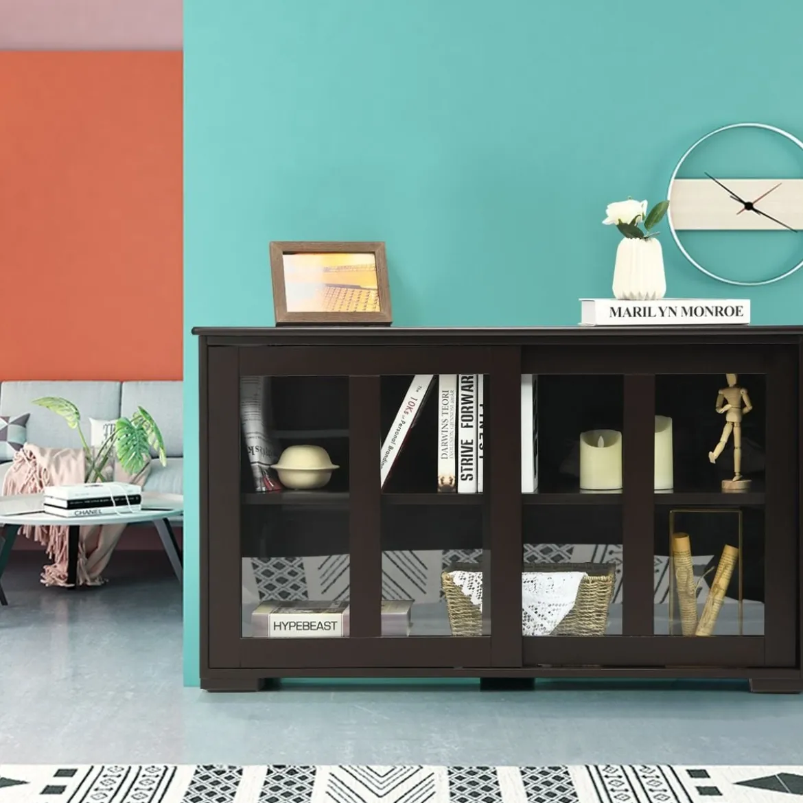 Küchenschrank mit Glasschiebetüren & Verstellbarem Ablage Sideboard Braun