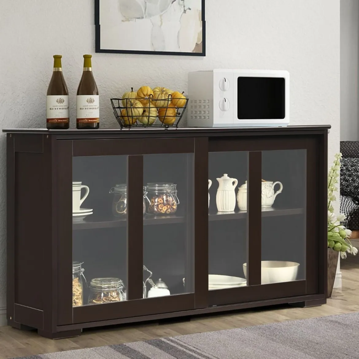 Küchenschrank mit Glasschiebetüren & Verstellbarem Ablage Sideboard Braun