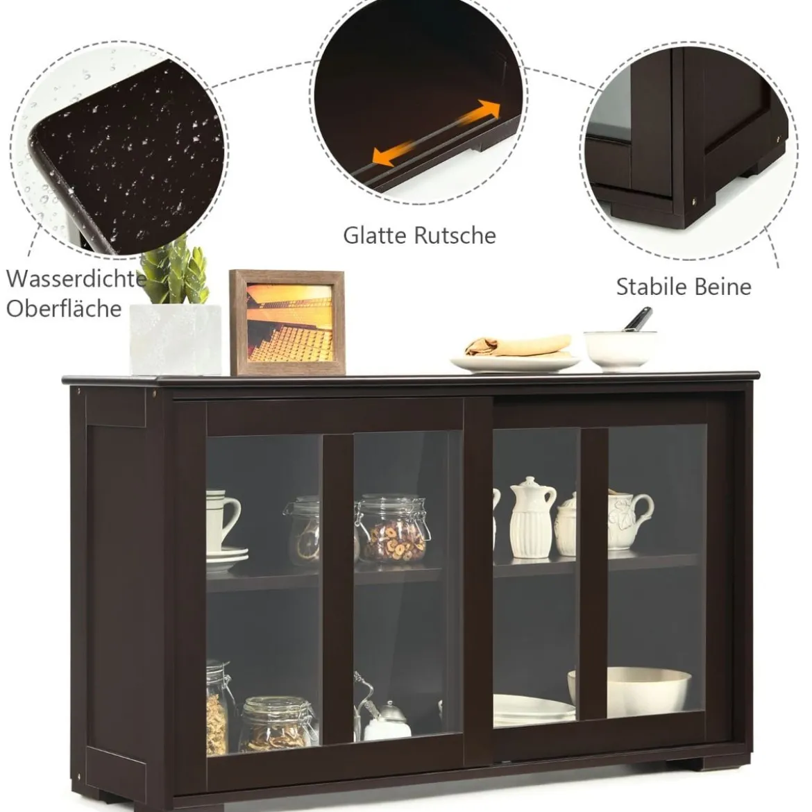 Küchenschrank mit Glasschiebetüren & Verstellbarem Ablage Sideboard Braun