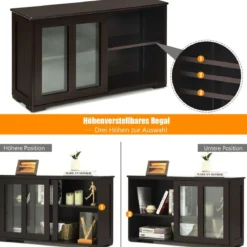 Küchenschrank mit Glasschiebetüren & Verstellbarem Ablage Sideboard Braun