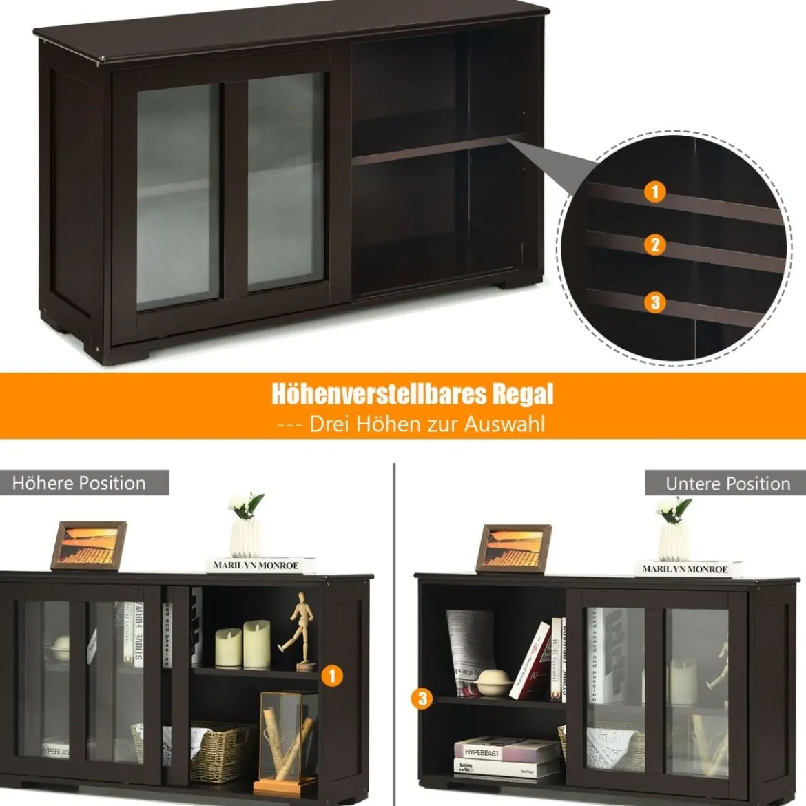 Küchenschrank mit Glasschiebetüren & Verstellbarem Ablage Sideboard Braun