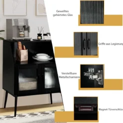 Küchenschrank mit Glastüren & offenem Fach Kommode Holz 80 x 40 x 101 cm Schwarz
