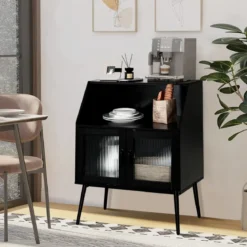 Küchenschrank mit Glastüren & offenem Fach Kommode Holz 80 x 40 x 101 cm Schwarz