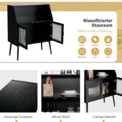Küchenschrank mit Glastüren & offenem Fach Kommode Holz 80 x 40 x 101 cm Schwarz