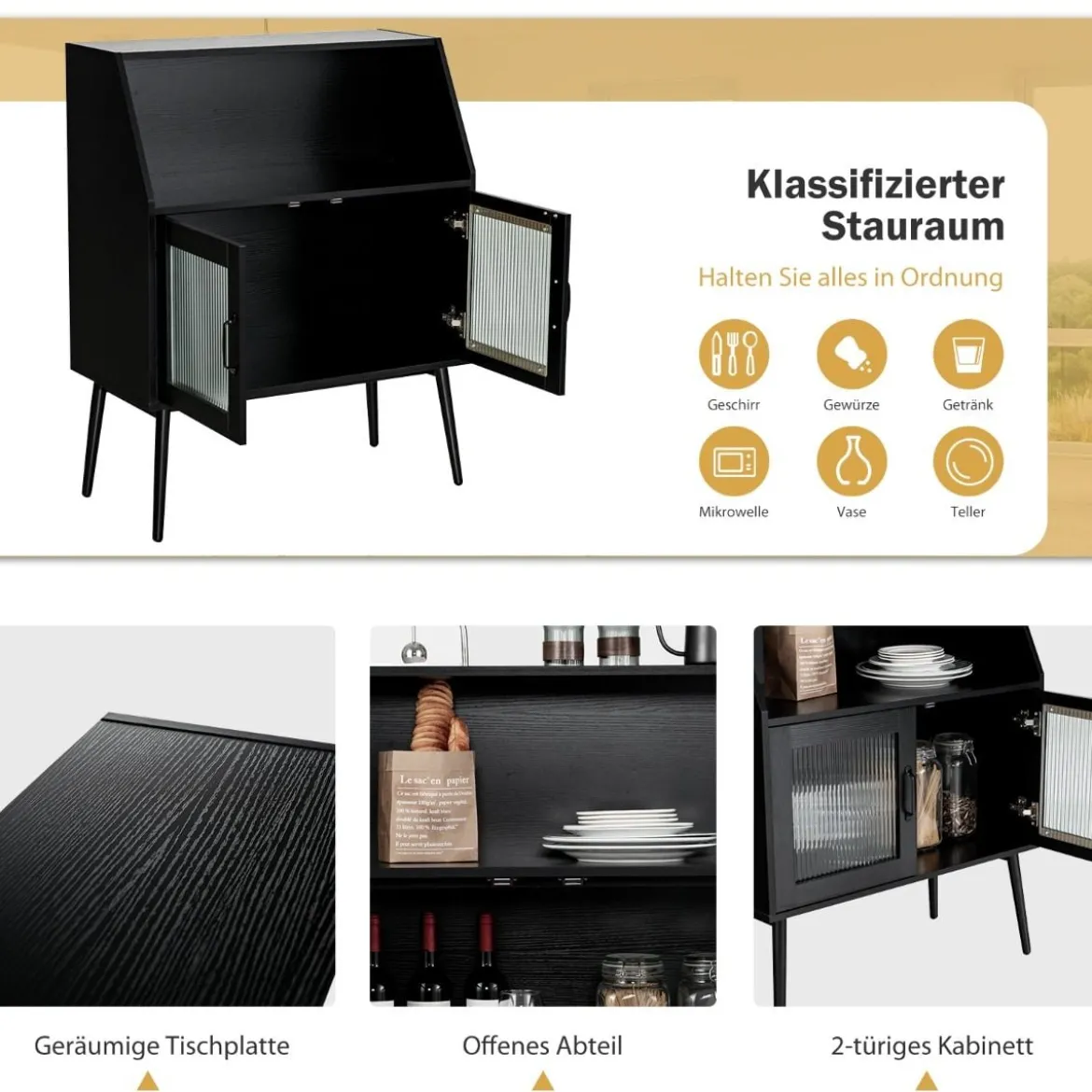 Küchenschrank mit Glastüren & offenem Fach Kommode Holz 80 x 40 x 101 cm Schwarz