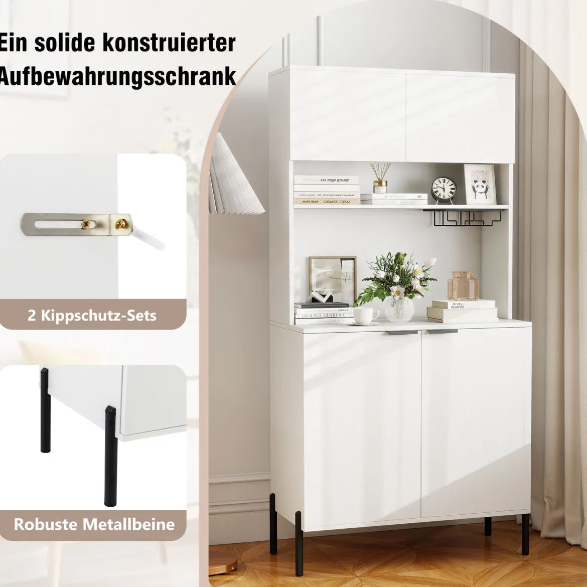 Küchenschrank mit Ladestation 164 cm hoher Weinschrank mit Weinglashalter Buffet-Sideboard Weiß
