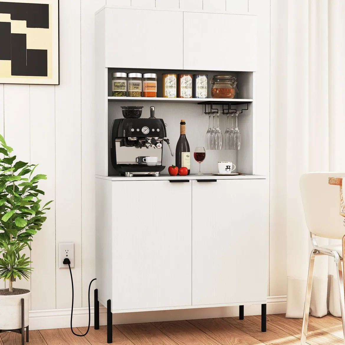 Küchenschrank mit Ladestation 164 cm hoher Weinschrank mit Weinglashalter Buffet-Sideboard Weiß