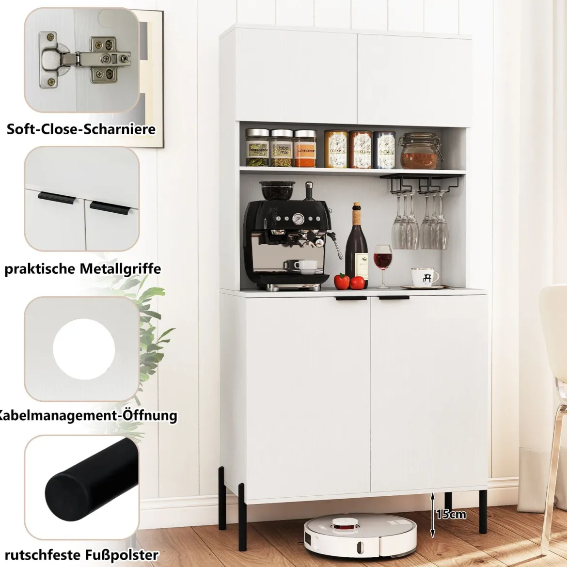 Küchenschrank mit Ladestation 164 cm hoher Weinschrank mit Weinglashalter Buffet-Sideboard Weiß