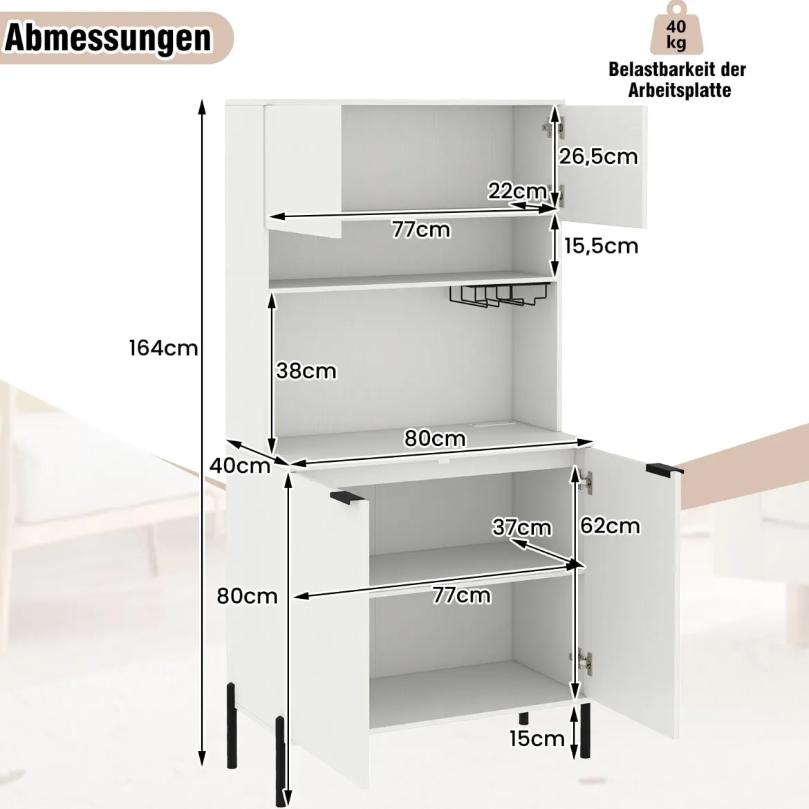 Küchenschrank mit Ladestation 164 cm hoher Weinschrank mit Weinglashalter Buffet-Sideboard Weiß