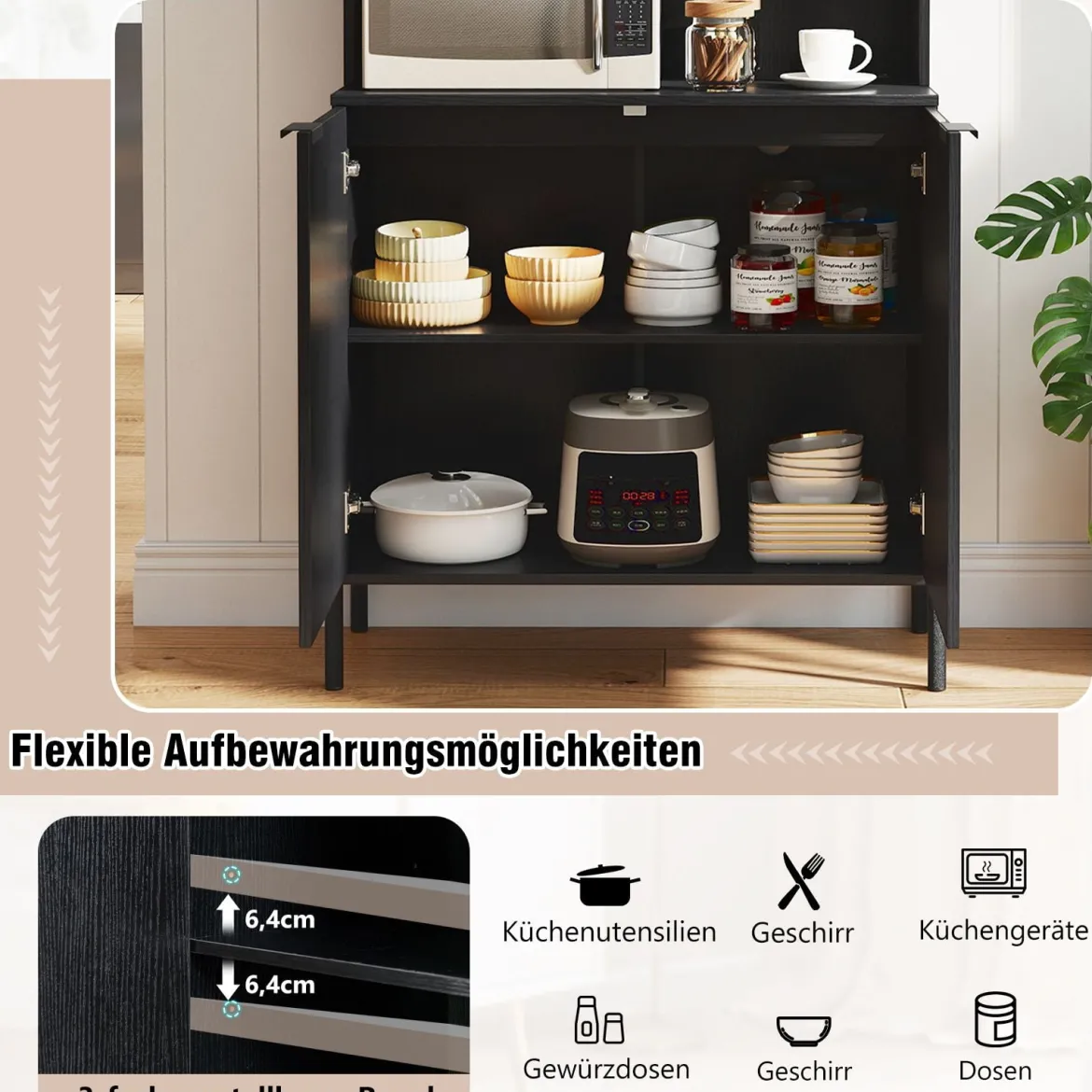 Küchenschrank mit Ladestation 164 cm hoher Weinschrank mit Weinglashalter Buffet-Sideboard Schwarz