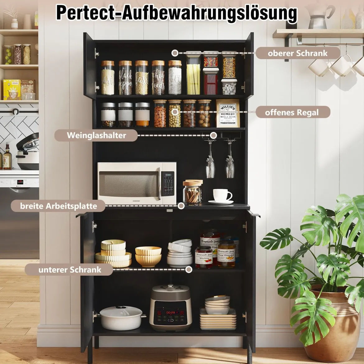 Küchenschrank mit Ladestation 164 cm hoher Weinschrank mit Weinglashalter Buffet-Sideboard Schwarz