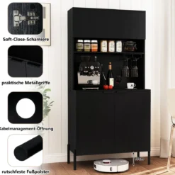 Küchenschrank mit Ladestation 164 cm hoher Weinschrank mit Weinglashalter Buffet-Sideboard Schwarz