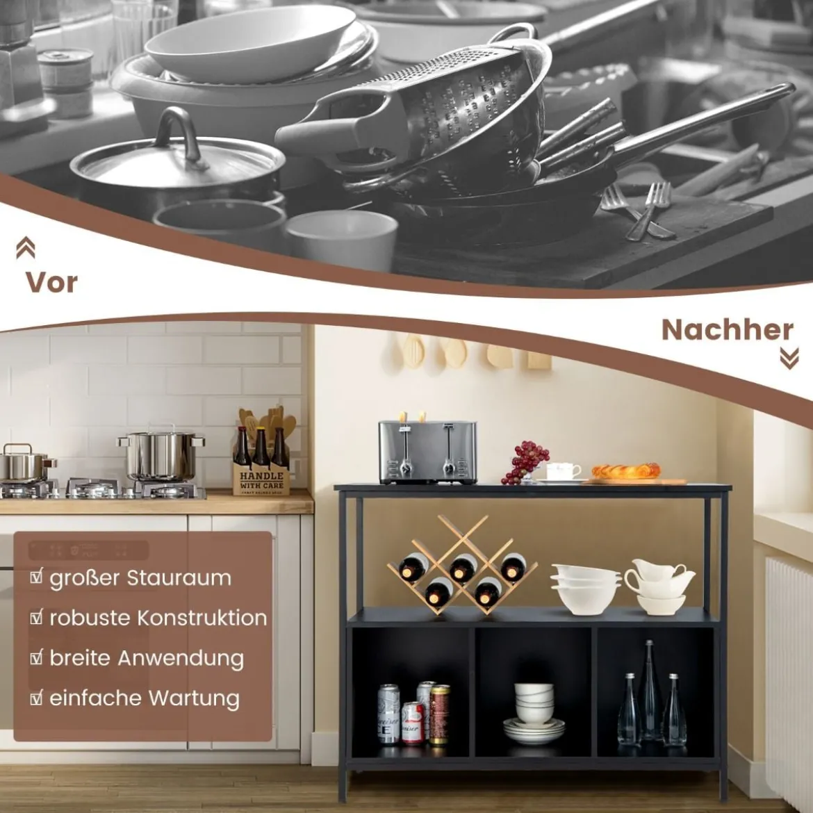 Küchenschrank mit Metallrahmen & Offenem Regal & 3 Fächern Sideboard 110 x 42,5 x 88 cm Schwarz