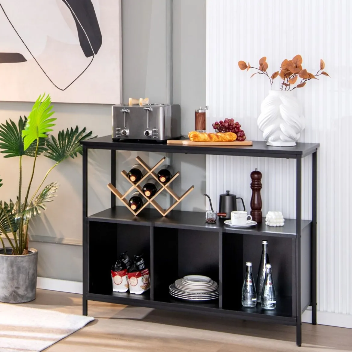 Küchenschrank mit Metallrahmen & Offenem Regal & 3 Fächern Sideboard 110 x 42,5 x 88 cm Schwarz