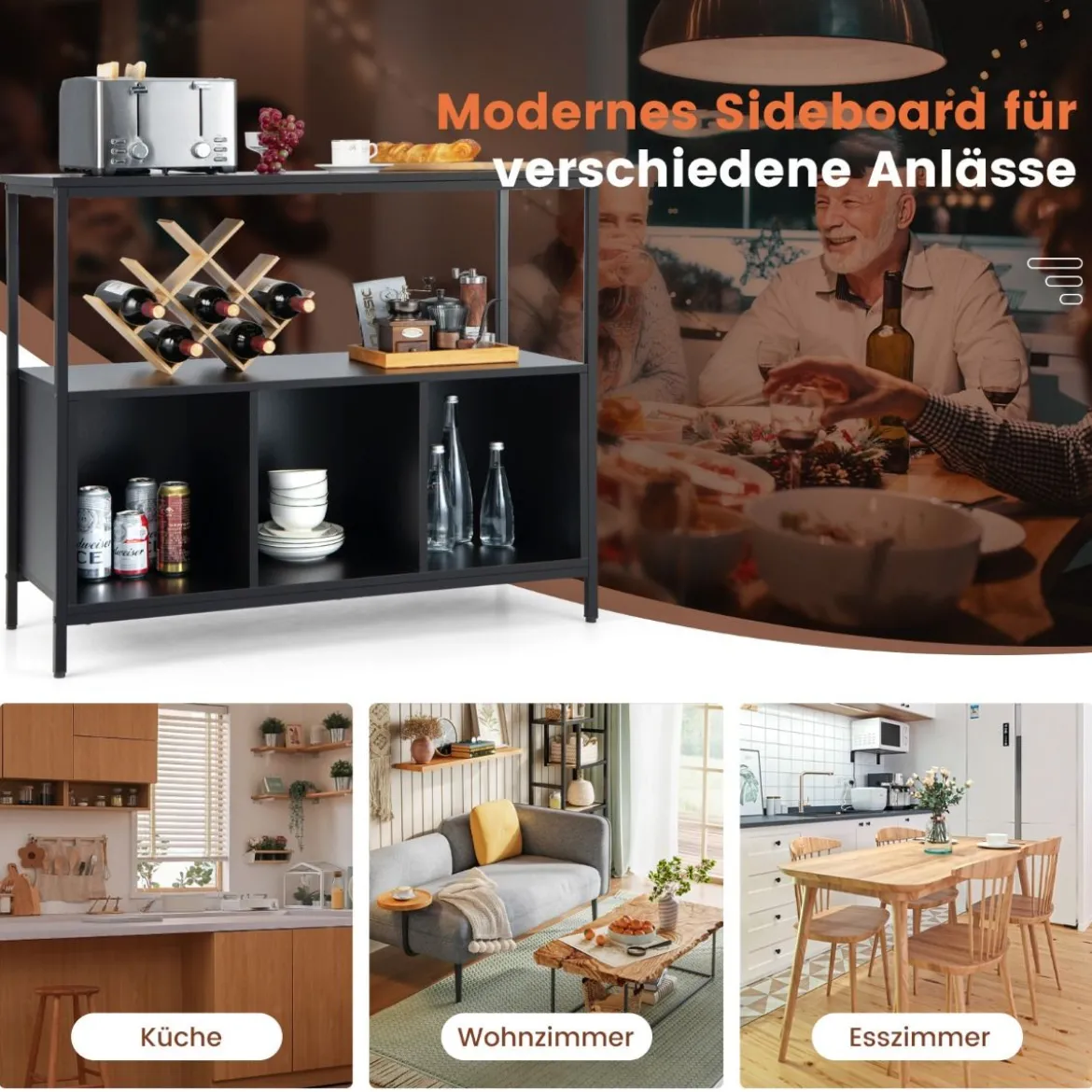 Küchenschrank mit Metallrahmen & Offenem Regal & 3 Fächern Sideboard 110 x 42,5 x 88 cm Schwarz