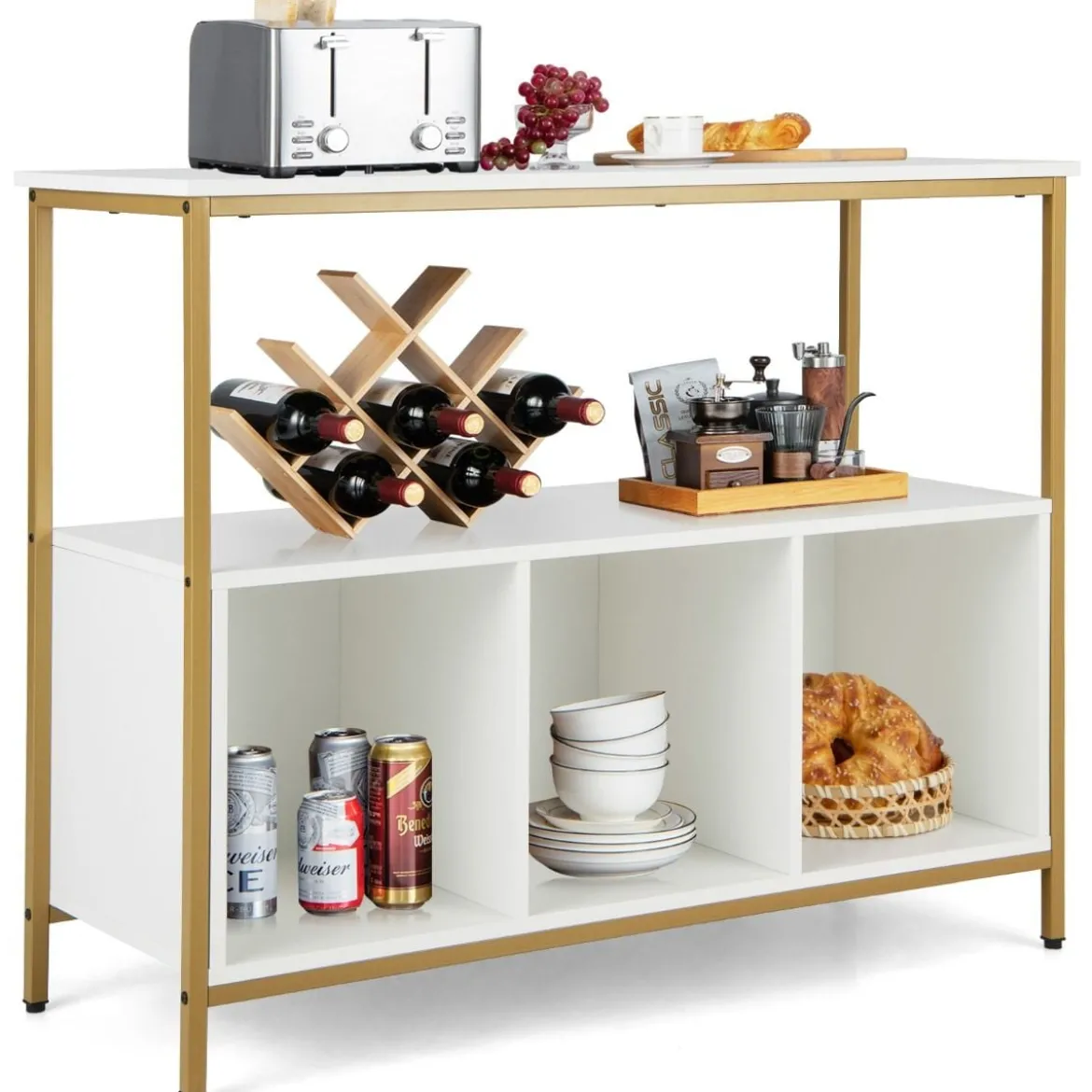Küchenschrank mit Metallrahmen & Offenem Regal & 3 Fächern Sideboard 110 x 42,5 x 88 cm Weiß