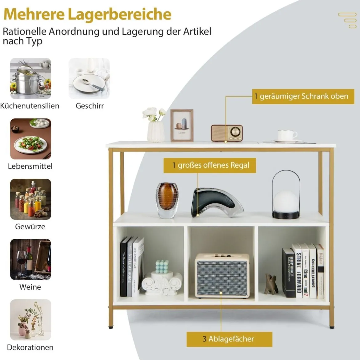 Küchenschrank mit Metallrahmen & Offenem Regal & 3 Fächern Sideboard 110 x 42,5 x 88 cm Weiß