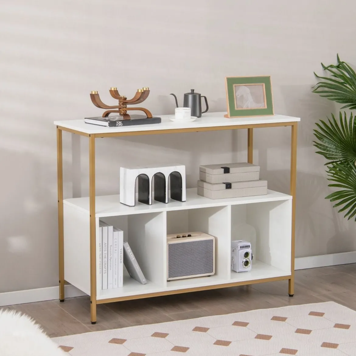 Küchenschrank mit Metallrahmen & Offenem Regal & 3 Fächern Sideboard 110 x 42,5 x 88 cm Weiß