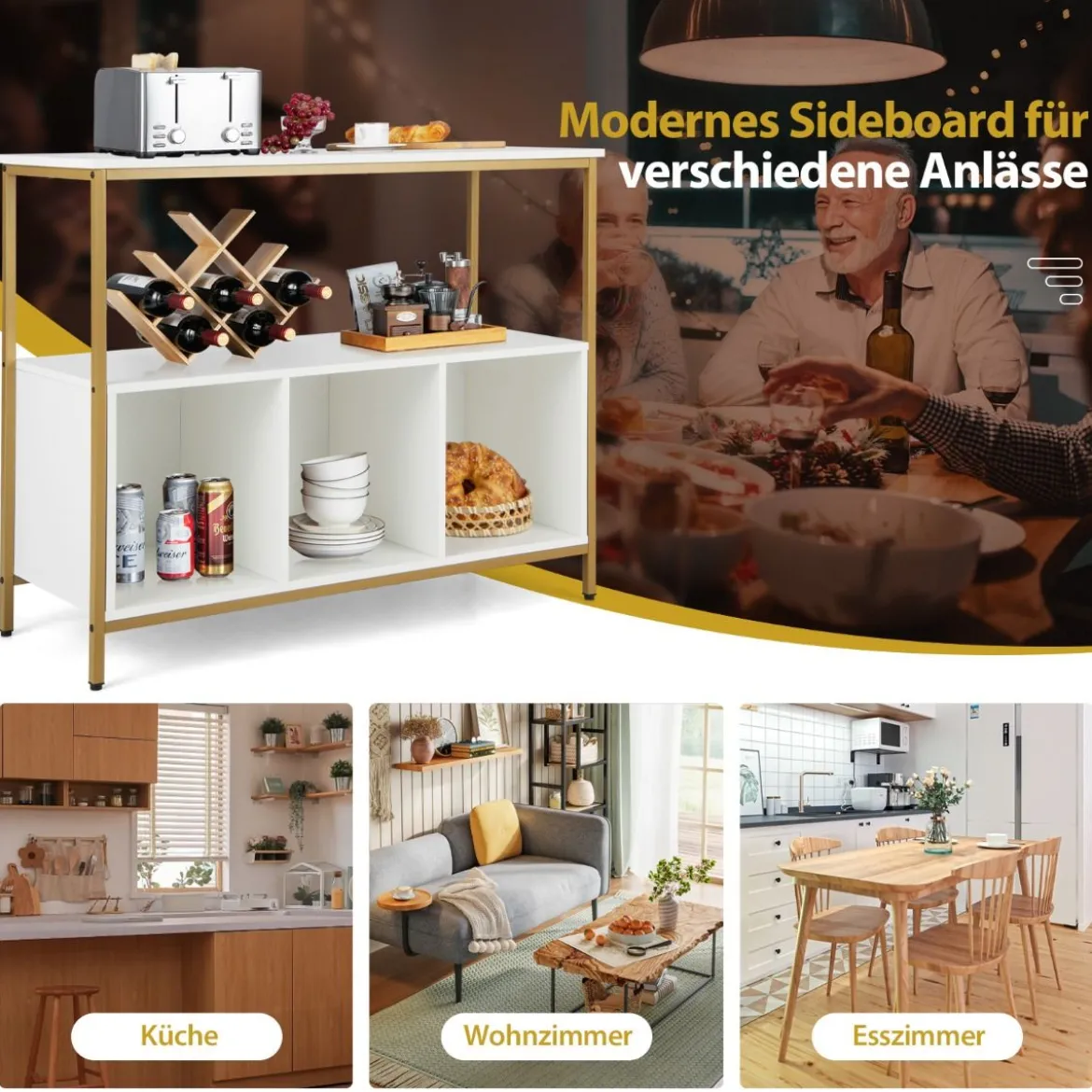 Küchenschrank mit Metallrahmen & Offenem Regal & 3 Fächern Sideboard 110 x 42,5 x 88 cm Weiß