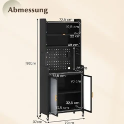 Küchenschrank mit Rollen Küchenregal mit Arbeitsplatte aufklappbaren PC-Türen verstellbarem Regal & Lochwand Schwarz