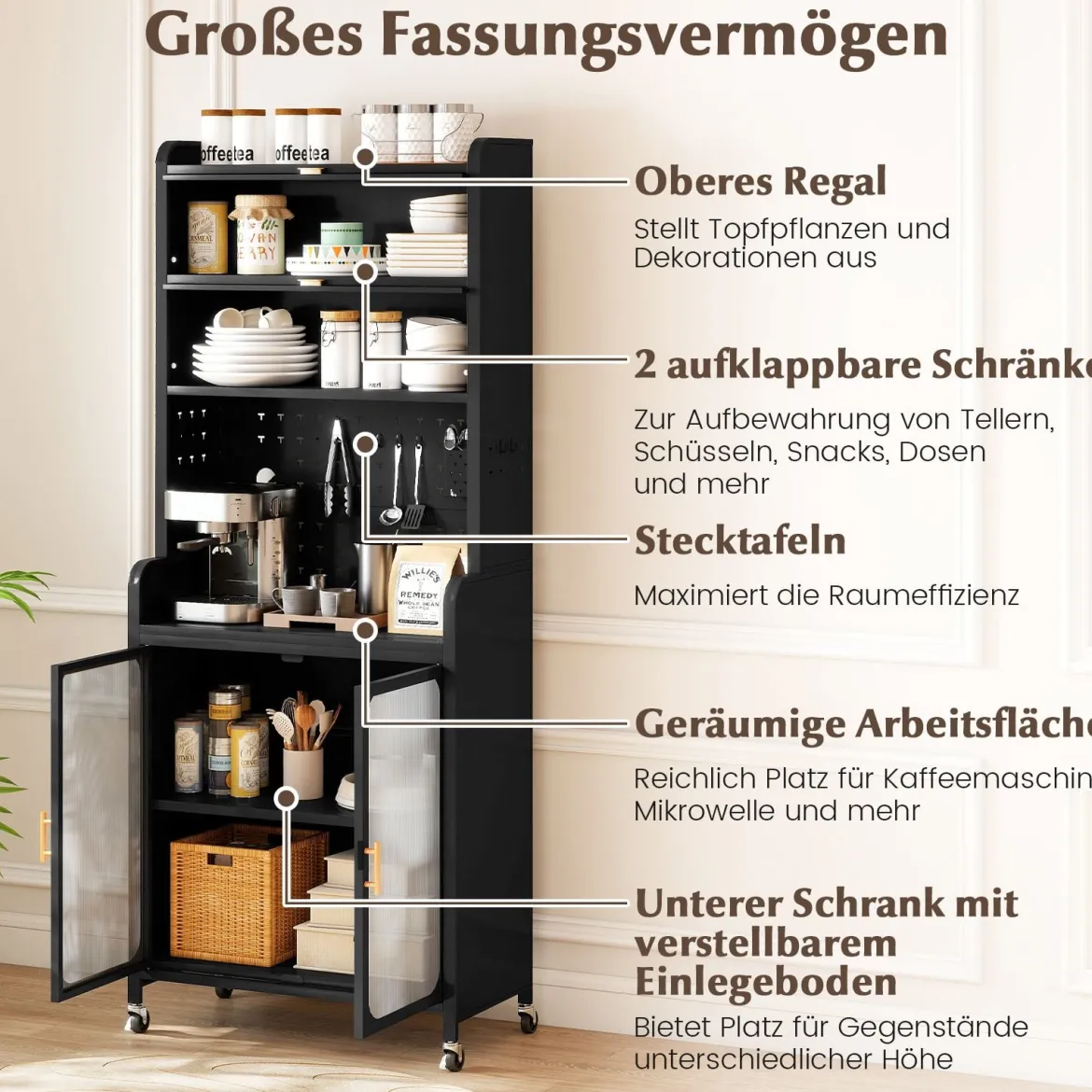 Küchenschrank mit Rollen Küchenregal mit Arbeitsplatte aufklappbaren PC-Türen verstellbarem Regal & Lochwand Schwarz