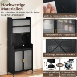 Küchenschrank mit Rollen Küchenregal mit Arbeitsplatte aufklappbaren PC-Türen verstellbarem Regal & Lochwand Schwarz
