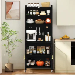 Küchenschrank mit Rollen Küchenregal mit Arbeitsplatte aufklappbaren PC-Türen verstellbarem Regal & Lochwand Schwarz
