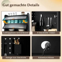 Küchenschrank mit Rollen Küchenregal mit Arbeitsplatte aufklappbaren PC-Türen verstellbarem Regal & Lochwand Schwarz