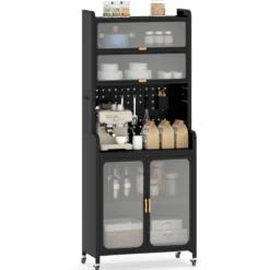 Küchenschrank mit Rollen Küchenregal mit Arbeitsplatte aufklappbaren PC-Türen verstellbarem Regal & Lochwand Schwarz