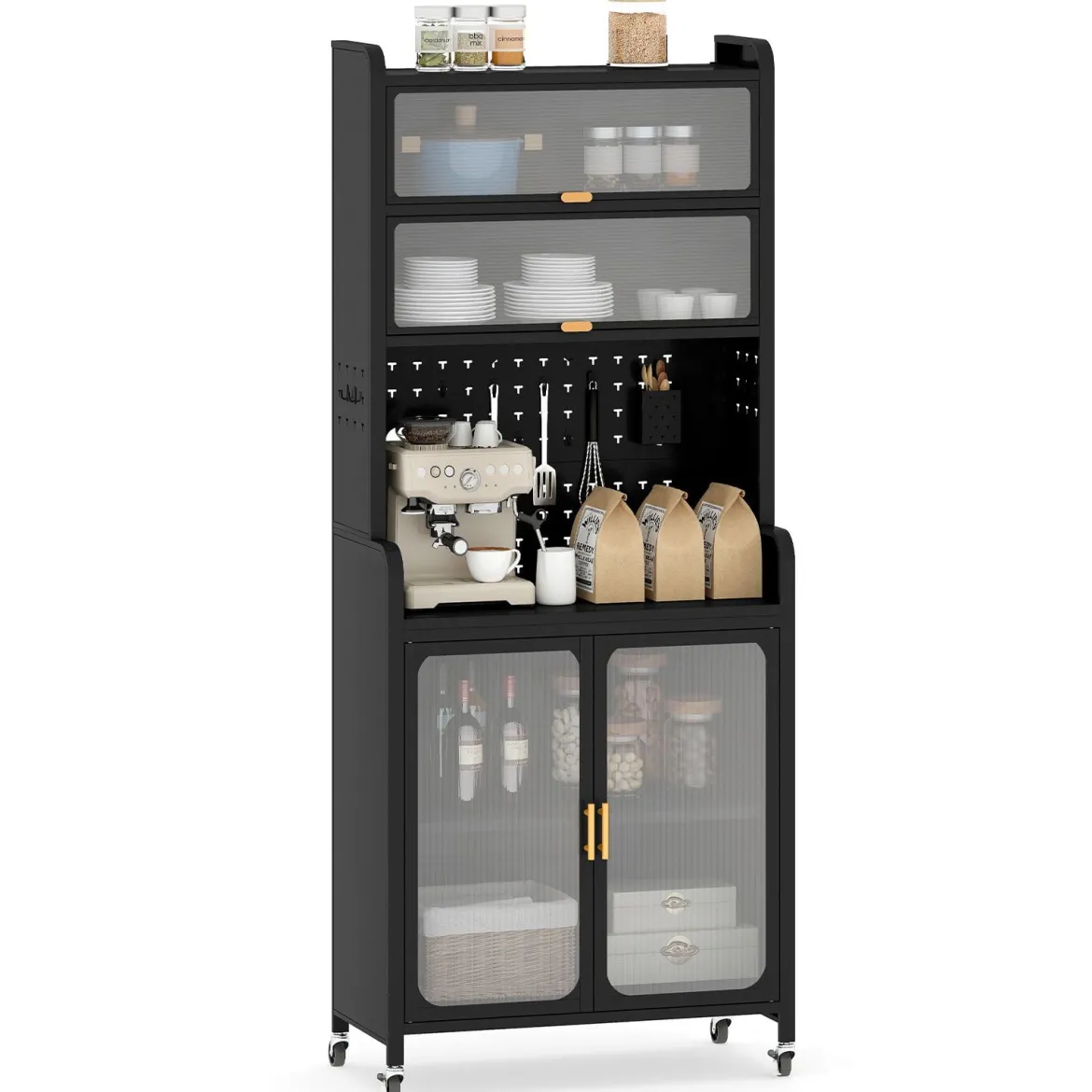 Küchenschrank mit Rollen Küchenregal mit Arbeitsplatte aufklappbaren PC-Türen verstellbarem Regal & Lochwand Schwarz