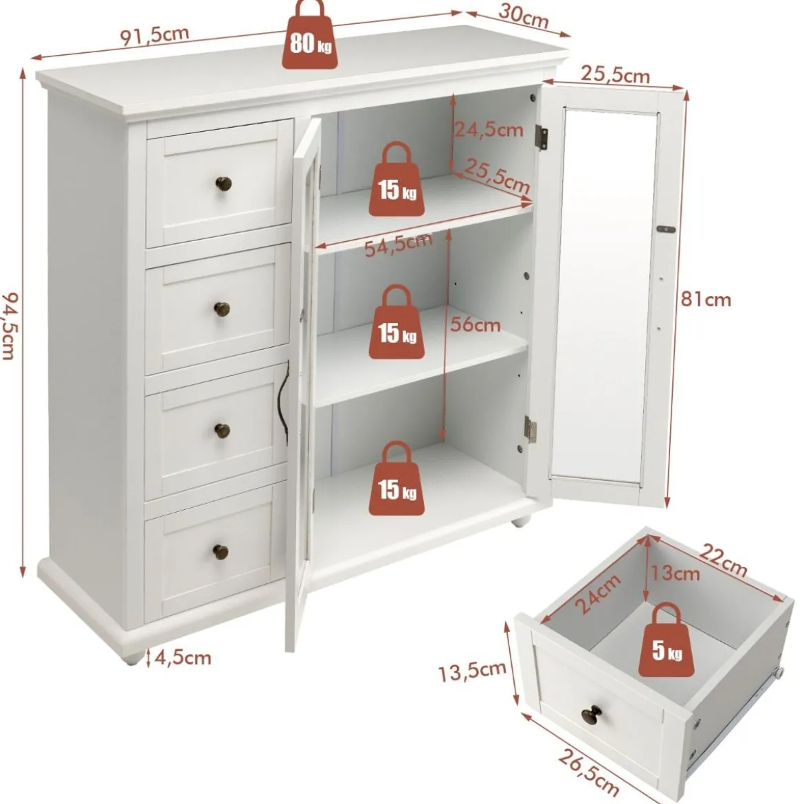 Küchenschrank mit 4 Schubladen & Verstellbarem Regal & 2 Türen Moderner Buffetschrank Weiß