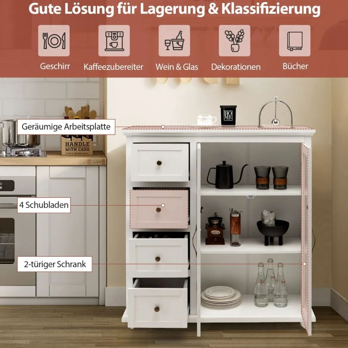 Küchenschrank mit 4 Schubladen & Verstellbarem Regal & 2 Türen Moderner Buffetschrank Weiß