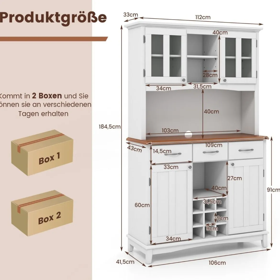 Küchenschrank mit 3 Schubladen & Weinregal & Offenen Regalen & Arbeitsplatte