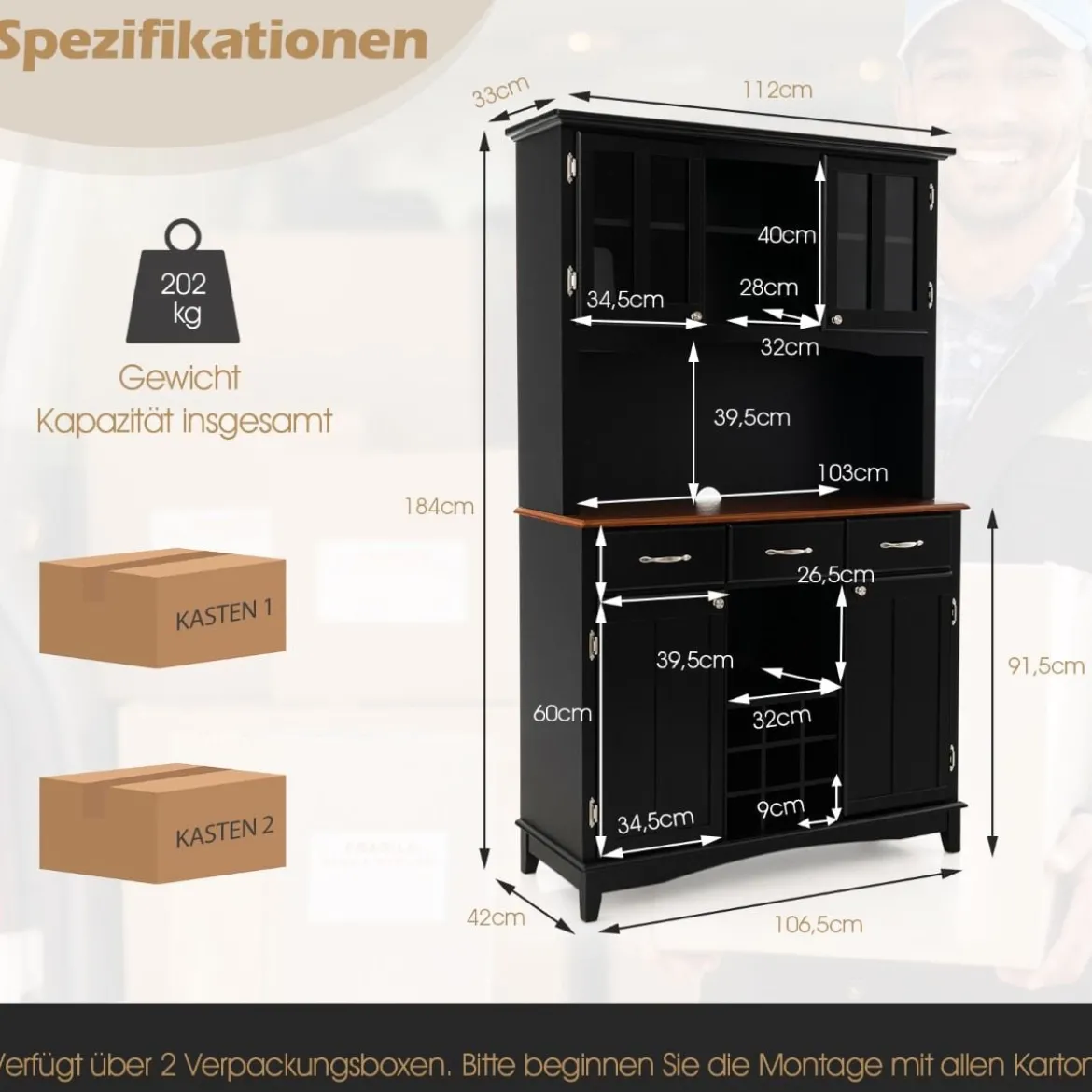 Küchenschrank mit 3 Schubladen & Weinregal & Offenen Regalen & Arbeitsplatte